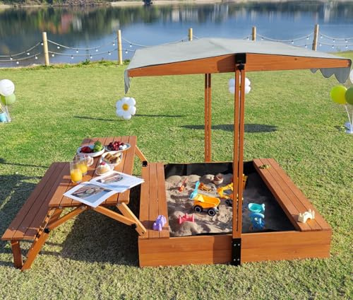 FunXplore Wooden Kids Sandbox with Lid Outdoor Sand Box with Picnic Table Foldable, Sandpit with Cover Ages 4-8, Adjustable Canopy Bottom Liner for Backyard Garden