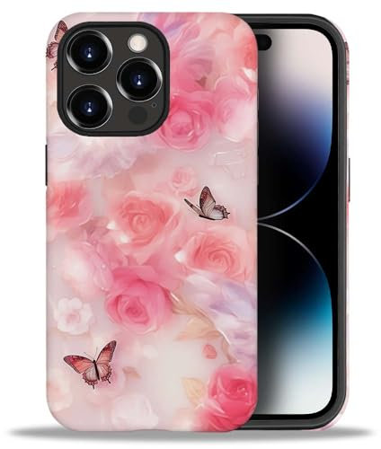 yicomon Compatible with iPhone 14 Pro Max Case, Pink Rose Butterfly Pattern Print Matte Phone Case Durable Fashion Funny Liquid Silicone Case Soft Anti-Scratch Shockproof Protective Cover