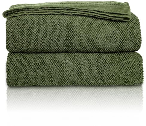 MH MYLUNE HOME Baumwolldecke Strickdecke Öko-Tex 150x200cm Kuscheldecke 100% Baumwolle Sofadecke Wohndecke Gehäkelte Decke Cotton Knitted Blanket-Olivgrün 150 x 200cm