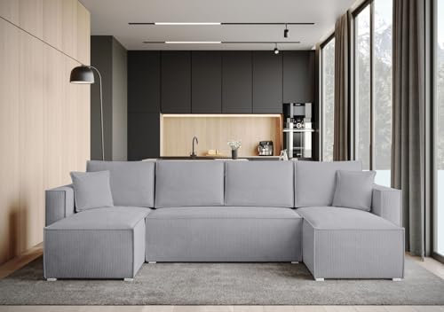 BROMARKT Ecksofa mit Schlaffunktion Sofa Cord Eckcouch mit Bettkasten Wohnzimmer Möbel U Form Couch gästebett Sofa Kissen groß 305x145x74 cm Hellgrau