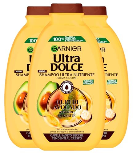 Garnier Ultra süßes Shampoo für sehr trockenes und krauses Haar mit Avocadoöl und Sheabutter mit Extrakten natürlichen Ursprungs - 3 Flaschen à 400 ml