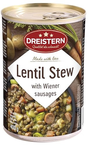 DREISTERN Estofado de lentejas con salchicha de Viena (en rodajas), Plato preparado, Delicioso estofado en caja de lata reciclable, Calidad que sabe bien