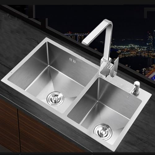Fregaderos de Dos Senos, Fregadero de Cocina Rectangular de Doble Fregadero de Acero Inoxidable, Fregadero Con Grifo Y Dispensador De Jabón Para Restaurantes (680x390mm)