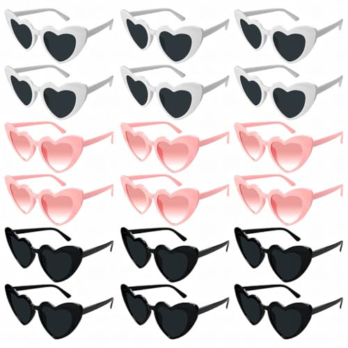 18 Stück Herz Sonnenbrille für Damen,Vintage Herz Sonnenbrille Personalisiert,Party Sonnenbrille für die Hochzeit,Junggesellinnenabschied,Kostüm,Geburtstag,Retro Herz Brille(Schwarz, Weiß,Rosa)