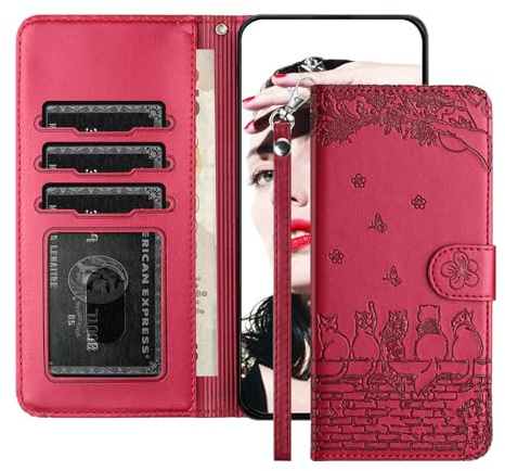Jeffene Handyhülle für iPhone X/iPhone XS (5.8 Zoll) Hülle Klappbar,Tasche Ständer Schutzhülle,Magnetisch Klapphülle Katze Hülle,PU Leder Flip Cover Wallet Case,Rot