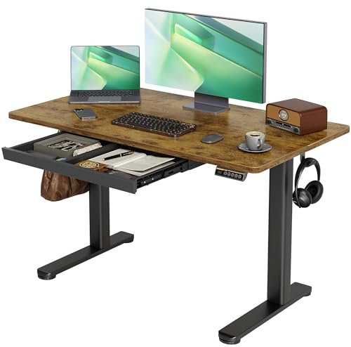 Claiks Electric Standing Desk with Drawer, 120 x 60 cm Height Adjustable Desk,Adjustable Standing Desk for Home Office,Rustic Brown
