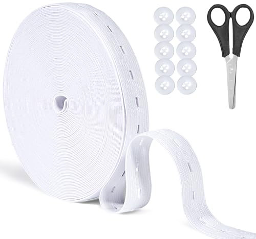 Nadisean 16M Weiß Gummiband mit Knopfösen, 20mm Flaches Nähband Gummiband mit Knopfloch, Knopflochgummiband Elastisches Stark，Lochgummi mit 12 Stück Knöpfe für Nähen, Stricken, Taillenbändern