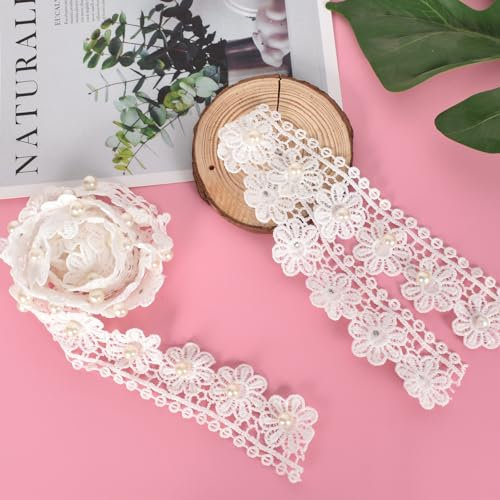 Spitzenband Weiß,10 Yard Spitzenband Blumen,4mm Dekoband Spitzen Spitzenborte,Spitzen Blumen Applikation,Für DIY-Kleid-Dekoration, Nähhandwerk,Hochzeitskleid, Verschönerung