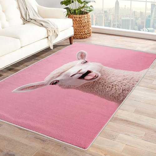 Alpaka Teppich Kinderzimmer - Teppich Wohnzimmer Schlafzimmer Alpaka Motiv, Großer Teppich Mädchen Rosa, Weich Kurzflor & Waschbar & rutschfest Kinderteppich, Bettvorleger 100x200 cm