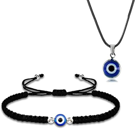 WHYCNJL 1 Pièce Bracelets de Protection Contre le Mauvais œil avec 1 Pièce de Collier de l'œil du Diable,Ficelle Noire Faite à la Main Bracelet de Protection du Mauvais œil Bracelets Porte,Noir