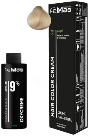 Femmas Haarfarbe Set Hell Lichtblond 10 I Hair Color Cream 100ml + Oxycreme 100ml 9% I Permanente Haar-Coloration + Entwickler I Schonend & langanhaltend I Salon-Haarfarbe für Zuhause