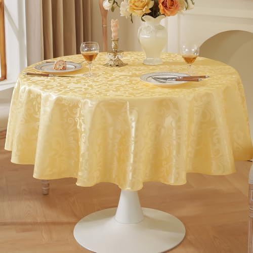meioro Tischdecke Abwaschbar, Rund Damast Tischdecken Wasserdicht Polyester Stoff Tischtuch, Große Küche abwischbar Tischwäsche mit Floral Mustern für Camping, Esszimmer, Hochzeiten (Gelb,Rund 150cm)