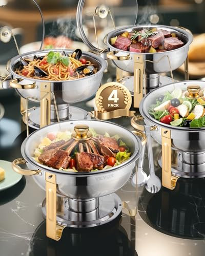 VEVOR Chafing Dish Buffet Set, 5 Qt 4 Pack, Stainless Steel Chafer with 4 Full Size Pan, Round Catering Warmer Server with Glass Lid Water Pan Folding Stand Fuel Holder, for Wedding Party Banquet Gold