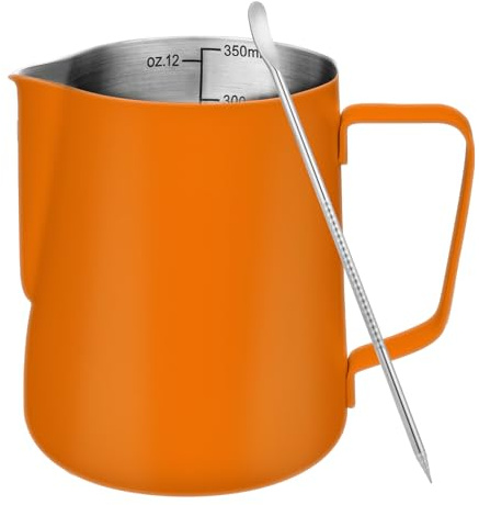 Amrules Milchaufschäumkrug, 340 ml, Milchaufschäumer mit klarer Skala, 304 Edelstahl, Cappuccino-Espressomaschine, Zubehör für Barista-Kaffeebar mit Latte Art Stift, Orange