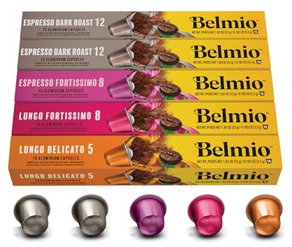 Belmio Capsules Nespresso Compatibles, Pack Espresso & Lungo, Capsules de café fortement torréfiées, Intensité 5 à 12, Qualité belge authentique, 4 variantes de saveurs, 50 unités.