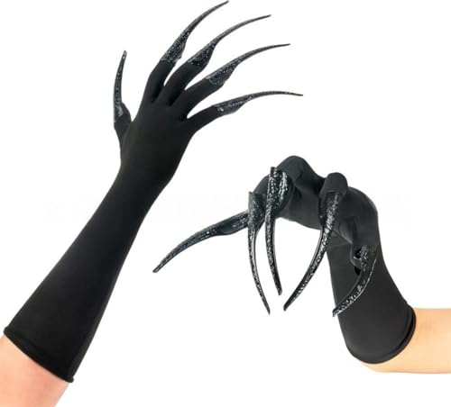 JIAHG Women's Long Horror Claw Gloves Black Ghost Gothic Witch Gloves with Scary Claw Halloween Costume Fancy Dress Handswear Performance Cosplay Accessory