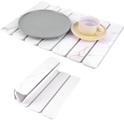 Stone Drying Mat for Kitchen Counter 40x30cm Foldable Non-Slip Stone Drying Pad Reusable Dish Drainer Mat Diatomite Drying Stone Mat with Exquisite Patterns for Sink Dish Rack Marble Worktop White