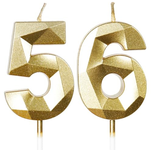 Yiran 56th Birthday Candles, Gold Number 56 Happy Birthday Candles, Cake Topper Decorations for Birthday Party, Wedding Anniversary Celebration Supply