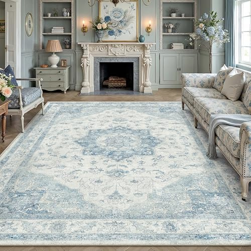 PureCozy Vintage Blau Teppich Wohnzimmer 200x300cm Waschbar | Waschbarer Teppich, Weich Rutschfest, Kurzflor Boho, für Wohnzimmer Schlafzimmer Esszimmer Büro, Großer Teppich