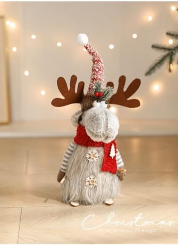 Generisch Weihnachts-Rentier Dekofigur, Plüsch, Grau-Rot, 40 cm, Stehend mit Strickmütze und Schal, Skandinavischer Stil, Winterdekoration für Wohnzimmer und Tisch