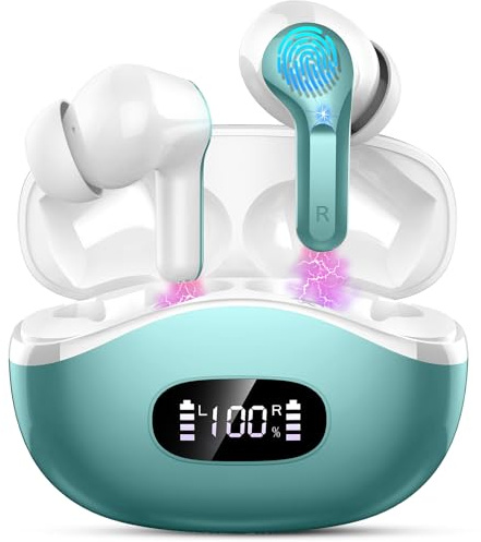 Écouteurs Bluetooth Sans Fil, Ecouteurs sans Fil 5.3, Casque Bluetooth Micro Anti-Bruit, Écouteurs Stéréo Hi-Fi, 48H Oreillette Bluetooth Contrôle Tactile, Étanche IP7 Sport Pour iOS/Android, Cyan