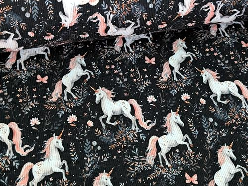Eigenproduktion Rib Jersey Unicorn Nachtblau Stoff Meterware 95% Baumwolle 5% Elasthan Pferd Motiv Kleiderstoff zum Nähen