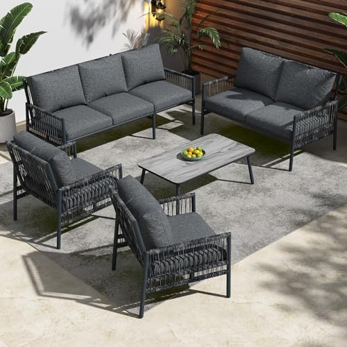 TOBIDOEN Gartenmöbel Set 7-Sitzer, PE-Rattan Sitzgruppe mit Couchtisch aus Gehärtetem Glas mit Massivholzmaserung, Verzinktem Stahlrohr-Gestell, Abnehmbaren Waschbaren Kissen, Grau