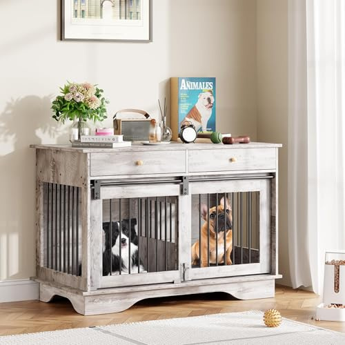 Garvee Furniture Style Dog Crate, Wooden Crate with Sliding Doors, Dog Kennel with 2 Drawers & Removable Divider, 3 Doors Pet Cage End Table for Medium/Large Dogs, Indoor Pet House