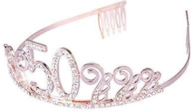 Frcolor Krone Geburtstag 50 Diadem Tiara mit Haarkamm Kristall Strass Geburtstagsgeschenk 50 Jahre (Rose Gold)