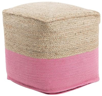 Beliani Modern Boho Knitted Square Pouffe Ottoman Cotton Jute 44 x 44 cm Pink Kirama
