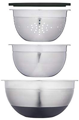MasterClass Bowl Set, Mixing Bowl, Colander and Lid, Smart Space, Stainless Steel, Set of 3, White