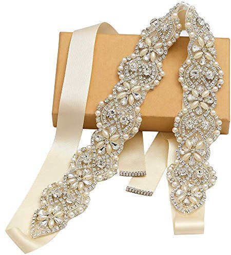 Tendaisy Damen Hochzeit Gürtel Kristall Perlen Braut Schärpe Strass Kleid Gürtel für Brautkleider - Beige -