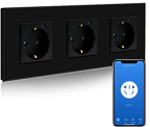BSEED Enchufe Triple de Pared WiFi,Schuko Enchufe inteligente Compatible con Alexa y Google Home,Control de APP y Función de Temporizador,protección de contacto,16A Enchufe de Pared Negro