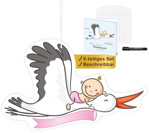 Storch zur Geburt Mädchen I Willkommen zuhause Baby I Set 5 Teile I Fliegender Klapperstorch I beidseitig bedruckt I zum Aufhängen I wetterfest I innen & draußen I 53 x 34 cm I Geburtsstorch Babyparty
