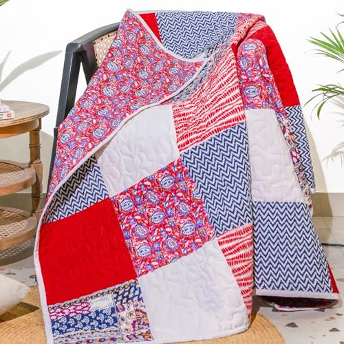 Tagesdecke Quilt - (152x127 cm) 100% Baumwolle Indian Patchwork Sofa Überwurf mit leichtem Vintage-Stil für Bett Wohnzimmer - Multi-Rot