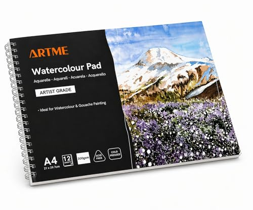 Artme A4 Watercolour Pad Landscape 300gsm 12 Sheets Cold Pressed Paper | Acide Free Dual Textured Heavyweight Paper For Aquarelle Gouache Wet Techniques Sketching And Colour Blending