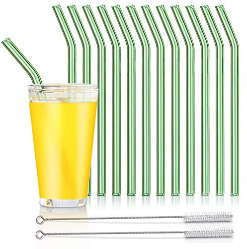 Pailles en verre réutilisables et courbées avec 2 brosses de nettoyage - Pailles réutilisables pour smoothies, milkshakes, jus de fruits (vertes, lot de 12)