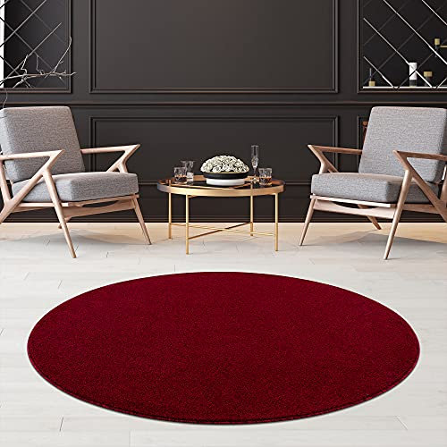 Fashion4Home Teppich Wohnzimmer – Einfarbig, Uni Teppich fürs Kinderzimmer, Schlafzimmer, Arbeitszimmer, Büro, Flur und Küche - Kurzflor, Rot, Größe: 120 cm Rund