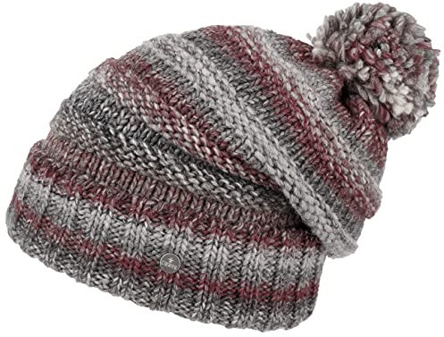 LIERYS Fauske Bommelmütze Damen Herren Pudelmütze mit Schurwolle Made in Germany Gestrickt Oversize Wollmütze Herbst Winter grau-rot One Size