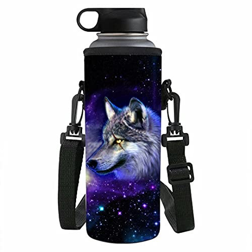 NETILGEN Galaxy Wolf Portable Water Bottle Carrier Insulated Water Cup Holder Bag 750ML Neoprene Water Gym Travel Shoulder Strap Bottles Cover
