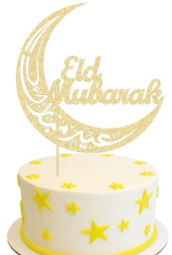 Gyufise 1Pcs Gold Glitter Eid Mubarak Cake Topper Moon Muslim Islam Celebration Cake Decoration Ramadan Islamic Party Decoration