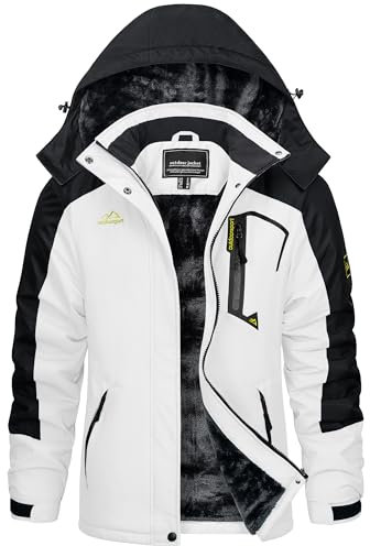 KEFITEVD Winterjacke Damen Warm Funktionsjacke Wasserabweisend Langarm Stehkragen Übergangsjacke mit Zip Taschen zum Snowboarden Skijacke Weiß-Schwarz XL
