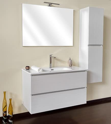 Meuble de salle de bain suspendu frêne moire, 100 cm, base, lavabo, miroir et colonne