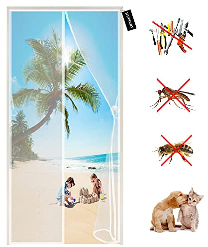 Magnetic Fly Screen Door Curtain 140 x 195 cm Heavy Duty Patio Insect Door Screen - Magnets Close Automatically and Full Frame Magic Tape for Balcony Patio Living Room - White A