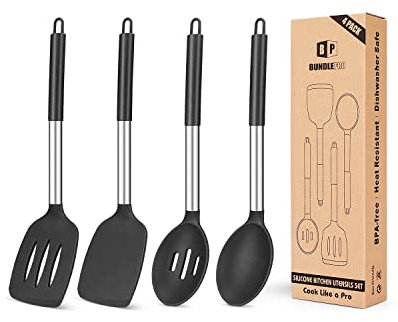 Juego de 4 utensilios de cocina de silicona, espátulas sólidas grandes antiadherentes, cucharas ranuradas negras resistentes al calor, ideales para freír, mezclar, servir, escurrir, girar y remover