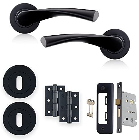 XFORT Matt Black Warped Lever On Rose Lock Pack, with Ball Bearing Hinges, Escutheons & A Sashlock, Ideal for Internal Wooden Doors for Home and Office.