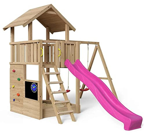 Spielturm Mia 359 - natürlich Lärche - außergewöhnlich - Spielturm mit Holzdach, Kletterwand, Kreidetafel, Sandkasten, Doppelschaukel und Rutsche pink