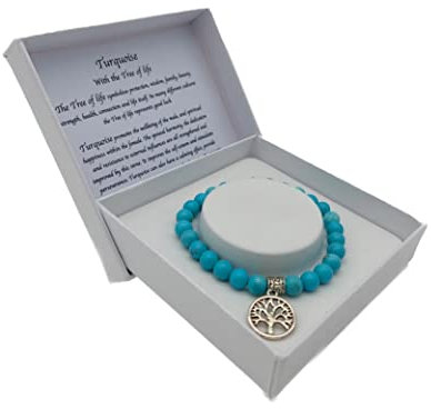 Handgefertigtes Türkis Edelstein Armband mit Anhänger Yggdrasil Lebensbaum in Geschenkbox