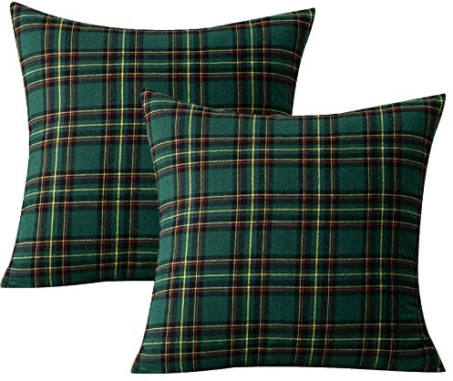 Kissenhülle Weihnachten 2 er Set, Qelus Kissenbezug 45x45cm Baumwolle Polyester, Kariert Plaid Weihnachtskissenbezug Dekorative Kissenbezüge, für Wohnzimmer Sofa Schlafzimmer (Grün und Gelb)
