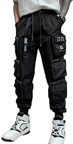 ORANDESIGNE Herren Schwarz Techwear Hose Hip Hop Hose Arbeit Kampf Cargohose Mehrere Taschen Tapered Hosen Schnalle Riemen Jogginghose Punk Hose X Schwarz 3XL